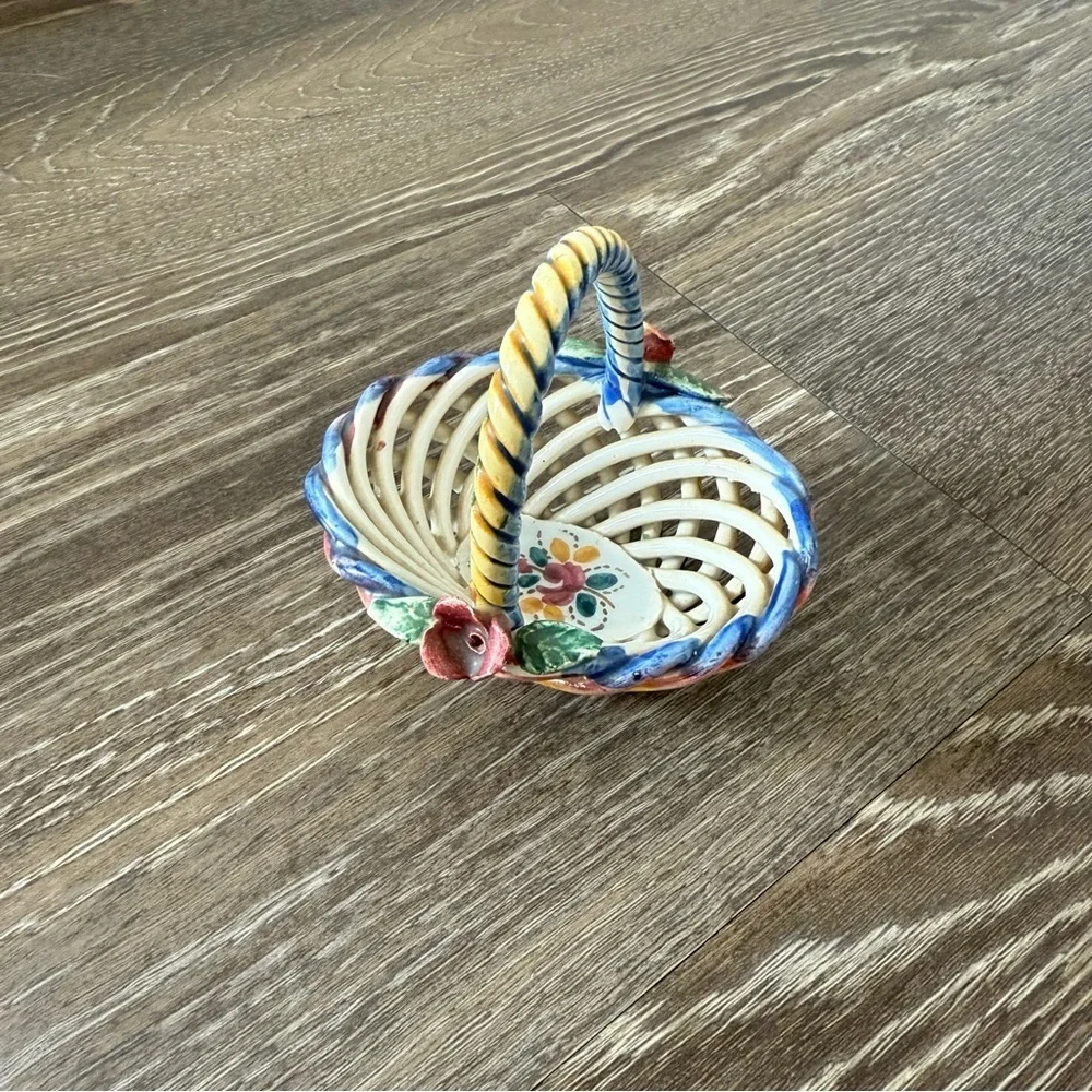 VINTAGE Handmade Multicolor Porcelain Ceramic Woven Basket Mini Made in Spain